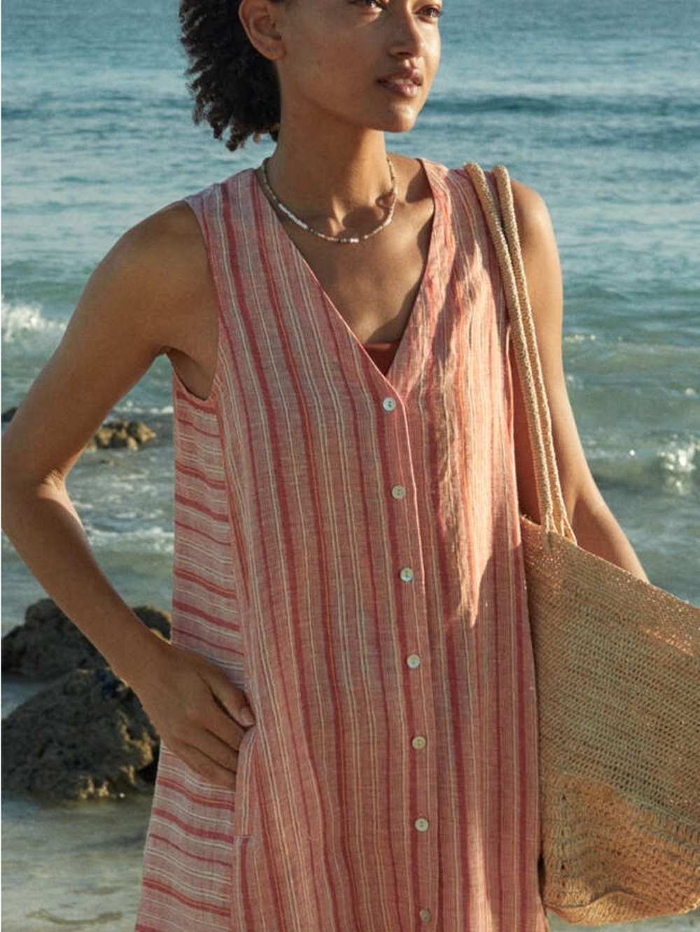 Poetry Terracotta Red Sleeveless Striped Dress – Yarn-Dyed Linen – Size 2